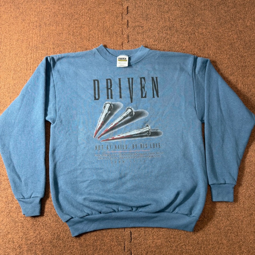 A+ Vintage Tultex Driven Christian Sweatshirt Blue John 15:13 90s Medium Mens